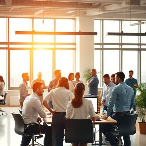 Ambiente di lavoro collaborativo in un ufficio moderno, con persone che interagiscono e lavorano insieme