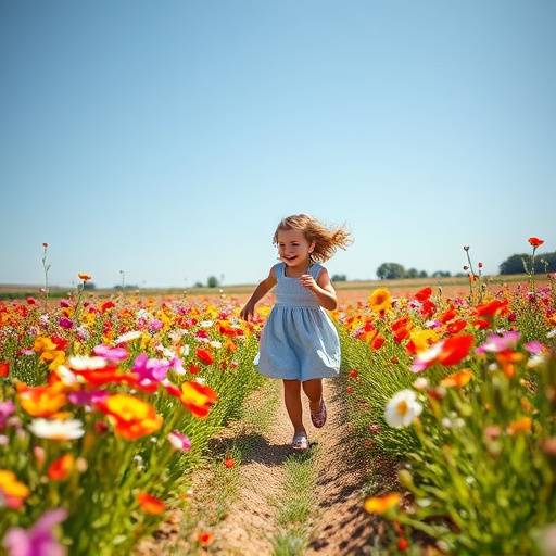 Bambina che corre felice in un campo fiorito