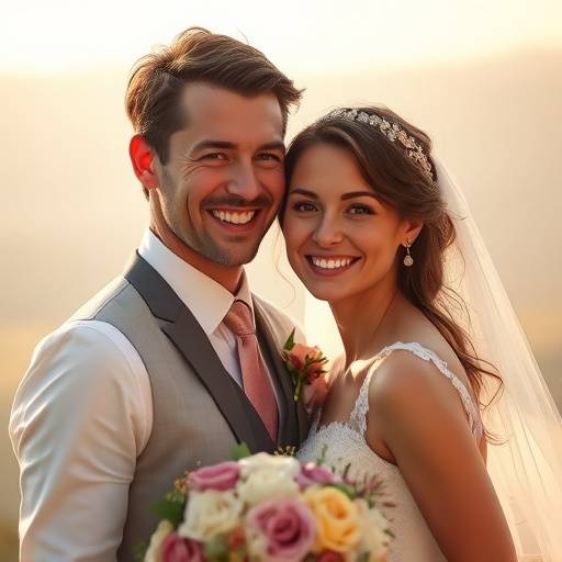 Coppia di sposi felice durante la cerimonia nuziale, con luce soffusa e dettagli romantici