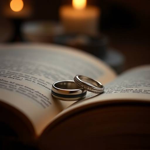 Dettaglio della promessa di matrimonio con fedi nuziali intrecciate su un libro antico