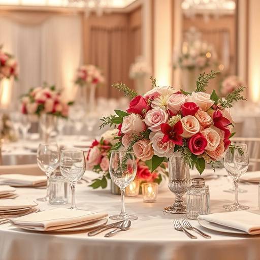Dettaglio di un banchetto elegante durante un matrimonio, con composizioni floreali sofisticate e stoviglie pregiate