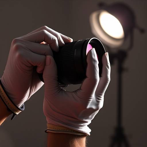 Fotografo che regola un obiettivo di una fotocamera con mani guantate in uno studio luminoso