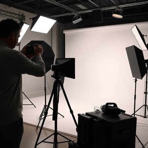 Fotografo che scatta una foto in studio con attrezzatura professionale