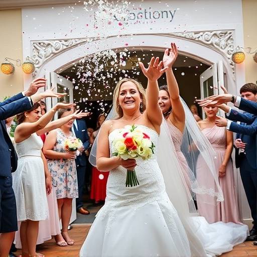 La sposa che lancia il bouquet, con un'esplosione di gioia e movimento tra le invitate