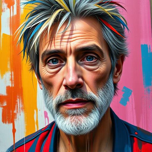 Ritratto espressivo di un artista con colori vivaci sullo sfondo