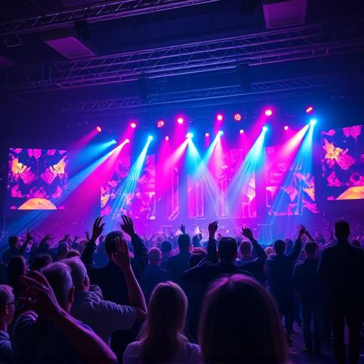 Scena dinamica di un concerto dal vivo, con il pubblico entusiasta e luci di scena colorate