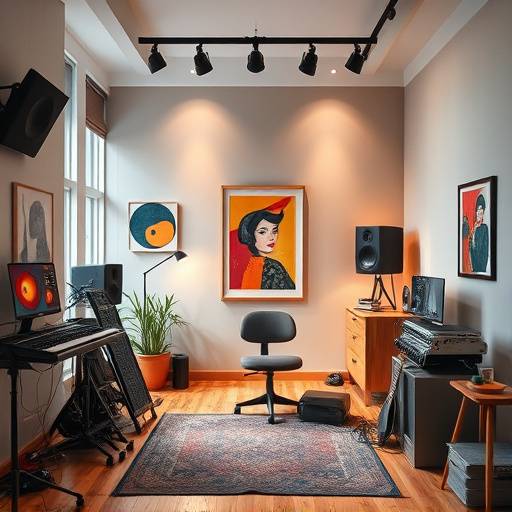 Un interno moderno e accogliente dello Studio Fotografico Splendore, con attrezzature fotografiche professionali e opere d'arte appese alle pareti.